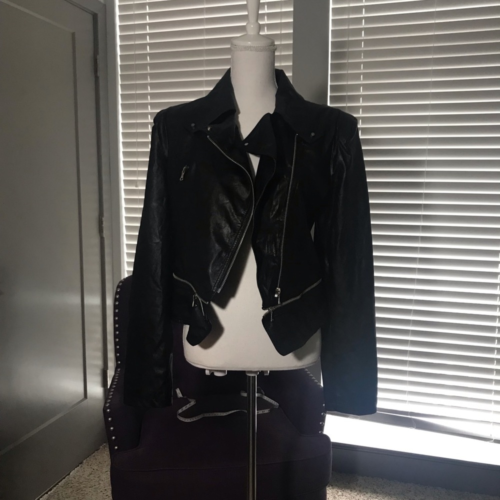 Black PU Leather motor cycle jacket with zippers